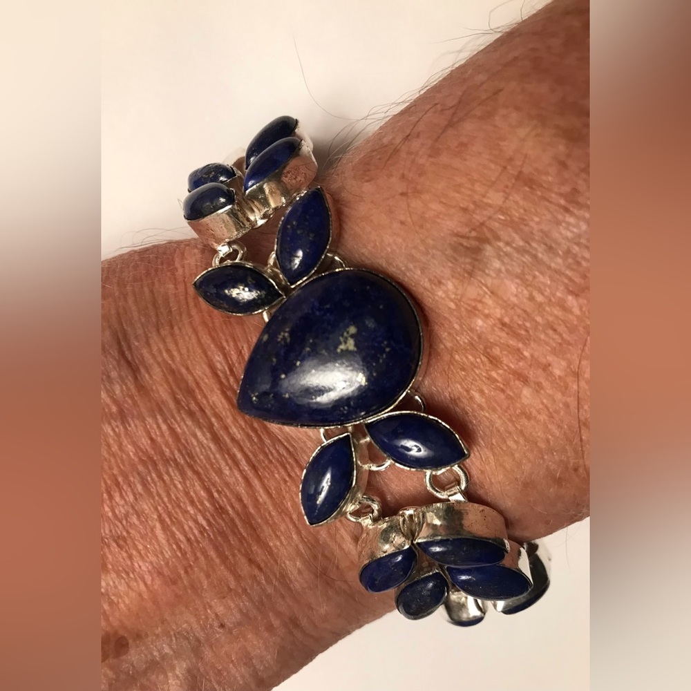 Lapis Lazuli Stamped Solid 925 Sterling Silver Bracelet